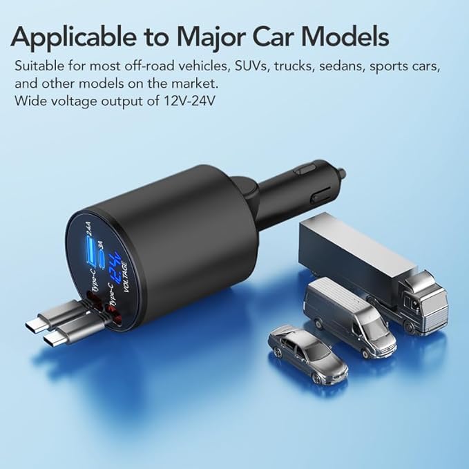 Retractable Car Charger, 4 in 1 Super Fast Car Phone Charger 60W, 2 Retractable Cables and 2 USB Ports Car Charger Adapter,Compatible with iPhone 17/16/15/14/13/12/11,Air-Pods Pro 3/4,Galaxy,Pixel