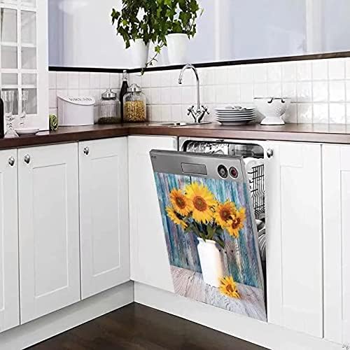 Colorful Wooden Background Kitchen Magnetic Dishwasher Front Door Cover Decor, Vase Sunflower Fridge Panels Decals Vinyl Magnet Cover, Magnetic 23"x26"INCH