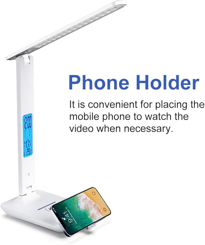 wanjiaone Multifunctional LED Desk Lamp with Wireless Charger,USB Charging Port,Clock,Phone Holder,Desk Lamps for Home Office,Eye-Caring Reading Lamp,Study Lamp for Boys,Girls,Teens,White