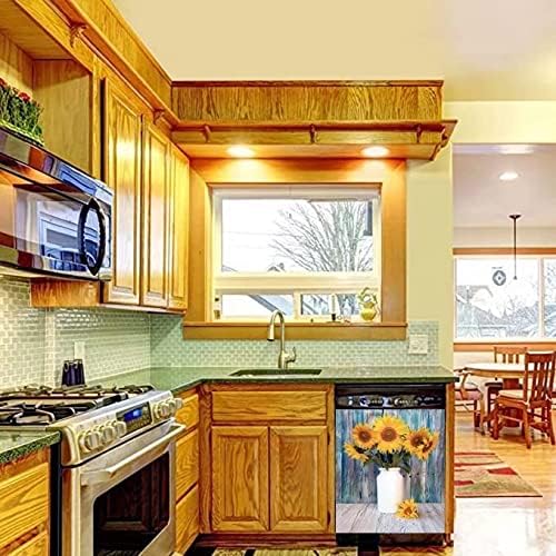 Colorful Wooden Background Kitchen Magnetic Dishwasher Front Door Cover Decor, Vase Sunflower Fridge Panels Decals Vinyl Magnet Cover, Magnetic 23"x26"INCH