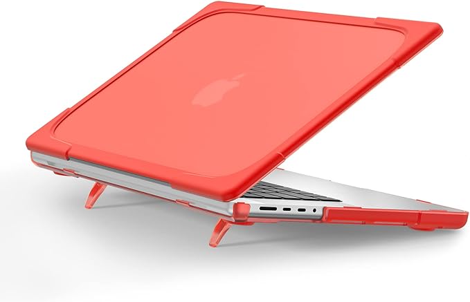 Batianda Heavy Duty Case for New MacBook Pro 16 inch 2026 M5 2024 M4 2023 M3 2021 M2 Pro Max Chip- Ergonomic Foldable Kickstand (Holds 22lbs/Zero Wobble) Matte Translucent Rugged Armor Cover, Red
