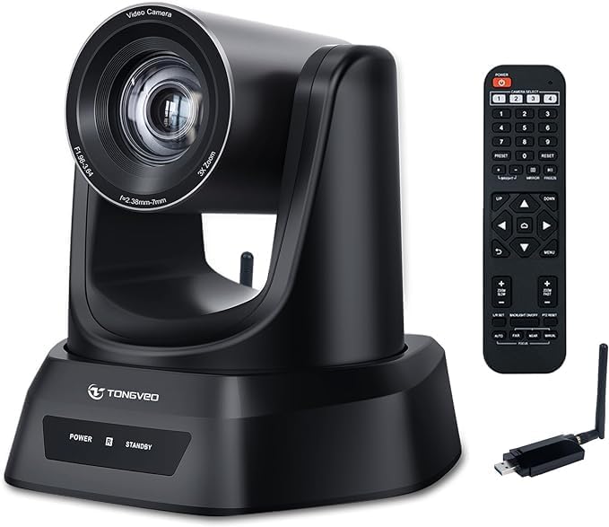 TONGVEO Wireless AI PTZ 20X Zoom Camera with Auto-Tracking: Built-in 5.8GHz Receiver for Cable-Free Setup, 1080P 60fps Conference Camera for Church Services, Online Classes & Hybrid Meetings