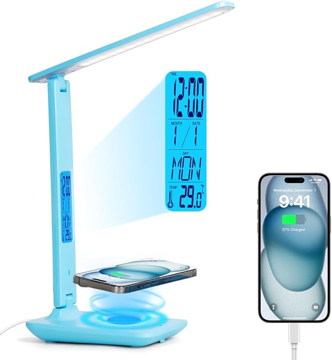 wanjiaone Multifunctional LED Desk Lamp with Wireless Charger,USB Charging Port,Clock,Phone Holder,Desk Lamps for Home Office,Eye-Caring Reading Lamp,Study Lamp for Boys,Girls,Teens,Blue