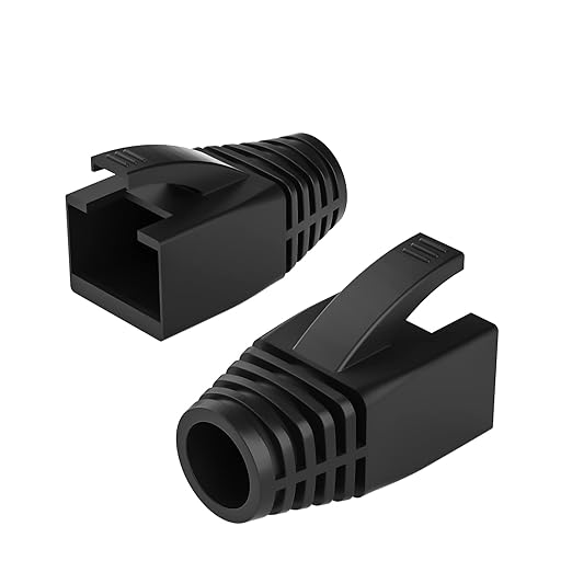 JODROAD 100Pack RJ45 Boot Cover, Cat5 Cat6 Cat6A Ethernet Network Cable Strain Relief Boot, Fits Overall Jacket Diameter 5.5-6.5MM Ethernet Cable (Hole Diameter: 6.5mm, Black)