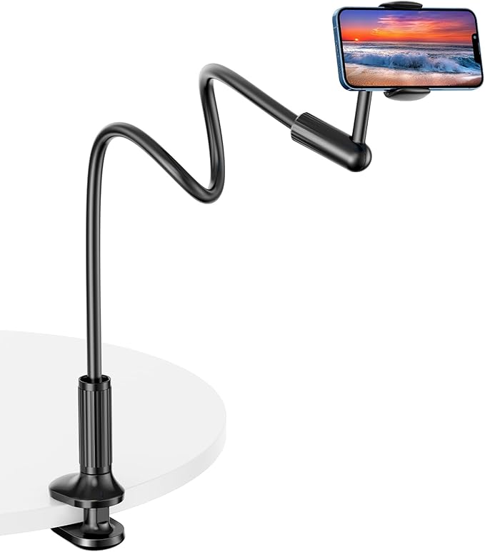 SAIJI Gooseneck Phone Holder for Bed, 360° Rotate Support Rod One-Hand Adjustable Cell Phone Stand, Compatible with All 4.7-7" Devices (White)