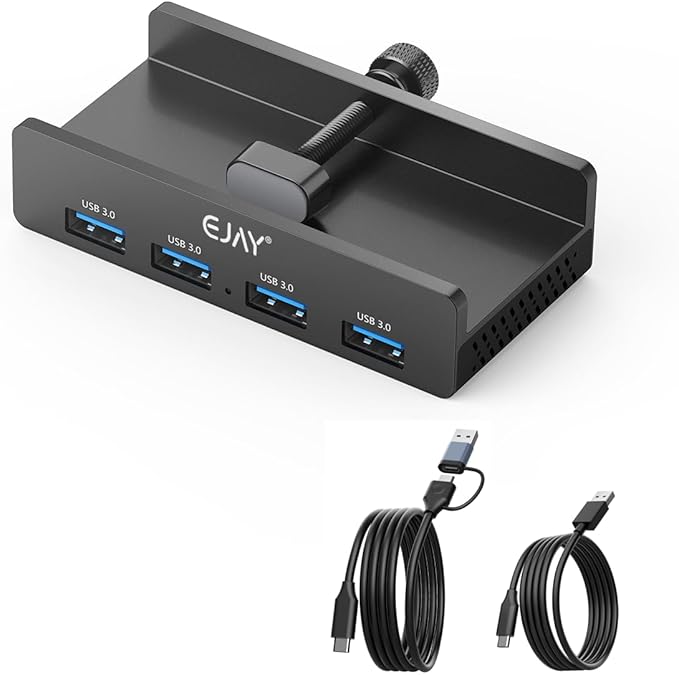EJAY Clamp USB 3.0 Hub for Desk & Monitor, 4-Port 5Gbps High-Speed Under Desk USB Hub with 59in Extra Long Data Cable, Aluminum Multi Port Splitter for PC, Mac, Laptop, Black