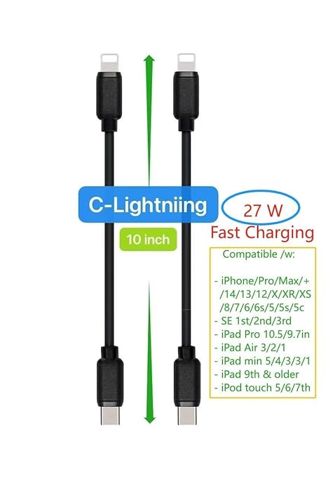 JuSoFU 10-Pack Multi Short USB Cables & TypeC-C Cables for Charging Stations Compatible/w iPhone17,16,15, iPhone14-5/ iPads/iPad mini/iPad Pros/Samsung Moblies & Tablets/Pixel & Nexus/HTC/Sony(Black)