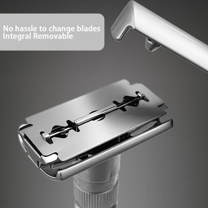 6-speed adjustable dual-blade safety razor with 10 platinum-coated stainless steel blades. Includes optional stand. Comes with complimentary travel pouch. (Black + base + holster)
