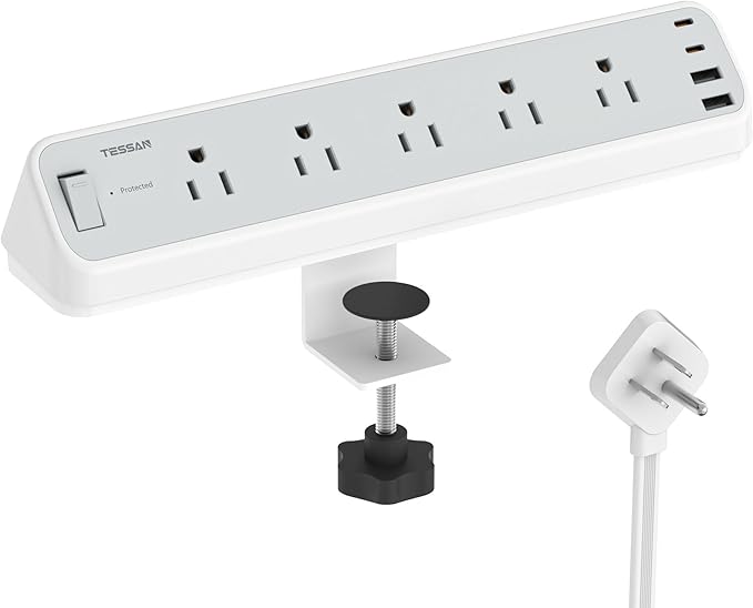TESSAN Desk Clamp Power Strip 10 Ft, 2100J Surge Protector Desk Charging Station, 5 Outlets with 4 USB Ports (2 USB C), Flat Plug Extension Cord with Multiple Outlets for Home Office Dorm Room, Grey