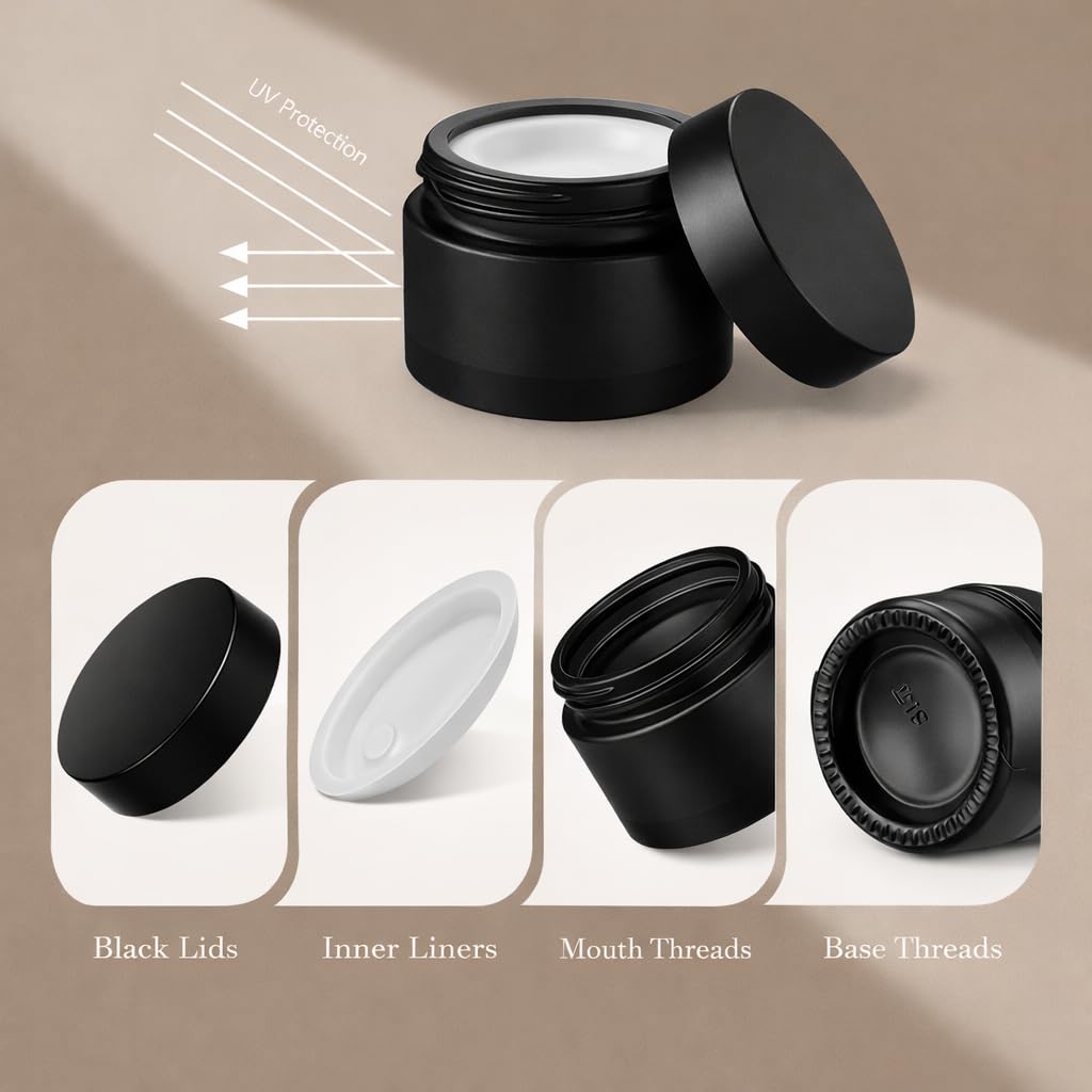 Lustervial 16Pack 4oz small glass jars with lids, lotion container, cosmetic containers, little travel jars for creams with mini spoon, Black Label (Matte Black)