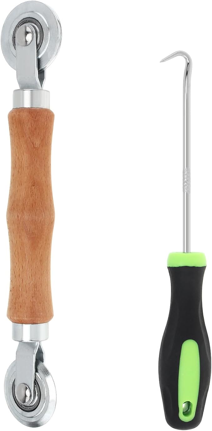 HOJLKLD Screen Repair Kit, Screen Roller Tool with Bearing Spline Roller Wooden Handle and Puller Hook for Installing Door Screen Window, 2 in 1 Screen Roller Tool Kit