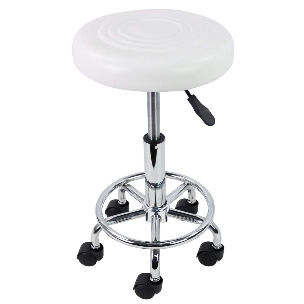KKTONER PU Leather Modern Round Rolling Stool with Footrest Height Adjustable Spa Drafting Salon Tattoo Work Massage Stools Task Chair Small (White)