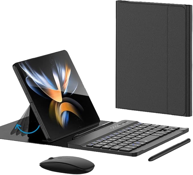 voppton for Samsung Galaxy Z Fold 7 6 5 Keyboard and Mouse, Portable Mini 7.9 inch Bluetooth Keyboard with Leather Stand Case and Pen, 4 in 1 Travel Set for Z Trifold Fold7 Accessories,Black