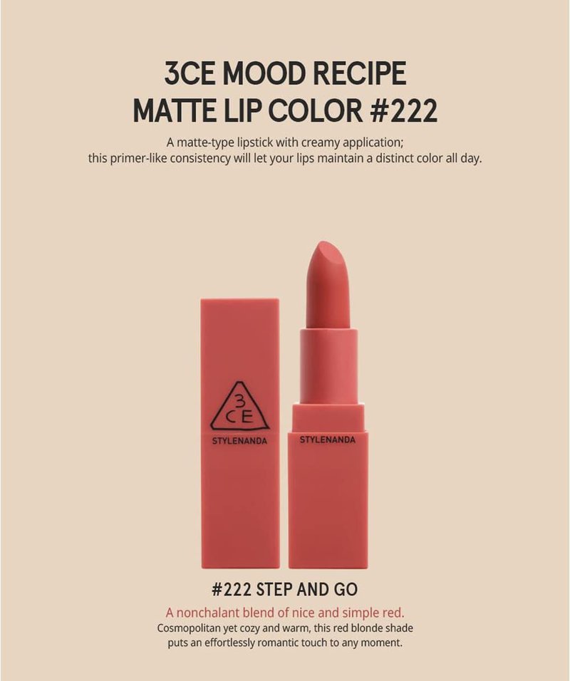 3CE Mood Recipe Matte Lip Color | Long-Lasting, Vibrant Shades 218-222