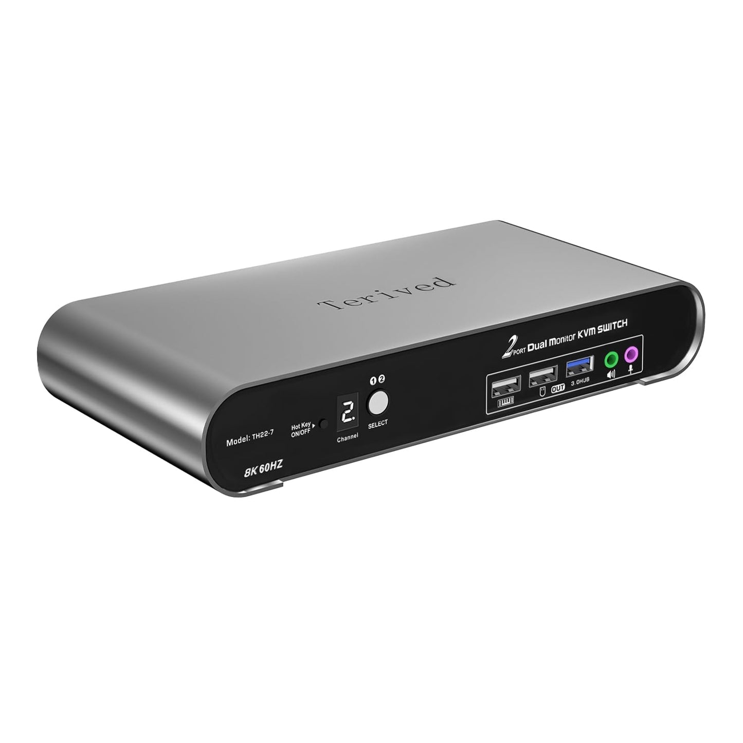 Terived 2 Computers 2 HDMI Monitor Automatic KVM Switch 8K@60Hz, Hotkey Switching, EDID, Support 5.1/7.1 Audio and Microphone, Aluminum Shell with Digital Display, USB 3.0 Hub, HDR10 with Cables