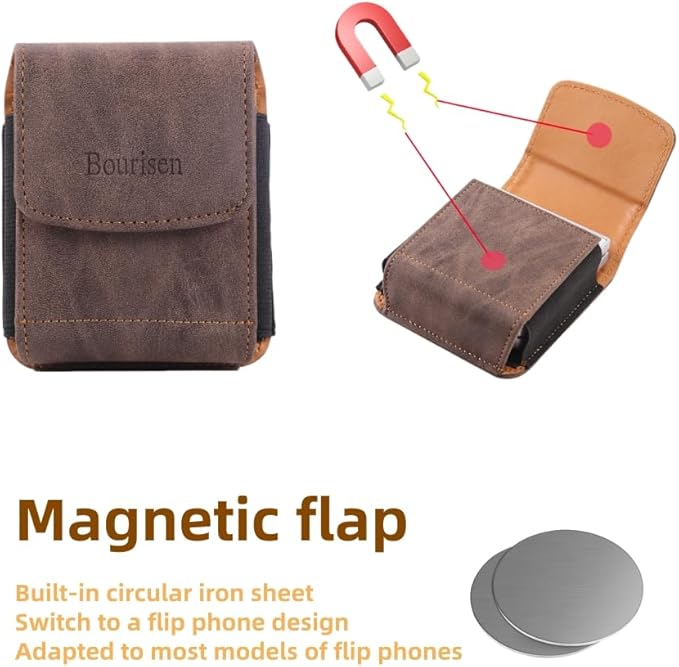 Bourisen Universal Phone Holster Phone Pouch Case Belt Clip Belt Loops Card Slot Faux Leather For Man for Samsung Galaxy Z Flip 5/4/3 Motorola Razr Plus Razr+ 2023 (Brown&Yellow, XS(3.7"x3.1"x1.1"))