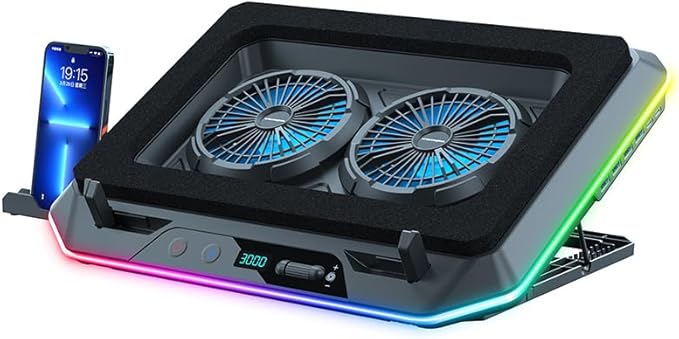 KYOLLY RGB Gaming Laptop Cooling Pad with Two Turbo Fan 3000RPM, Rapid Cooling for 15.6-19.3" Laptops, Variable Speed Control, 6 Adjustable Heights,10 RGB Lighting Modes,4 Hub