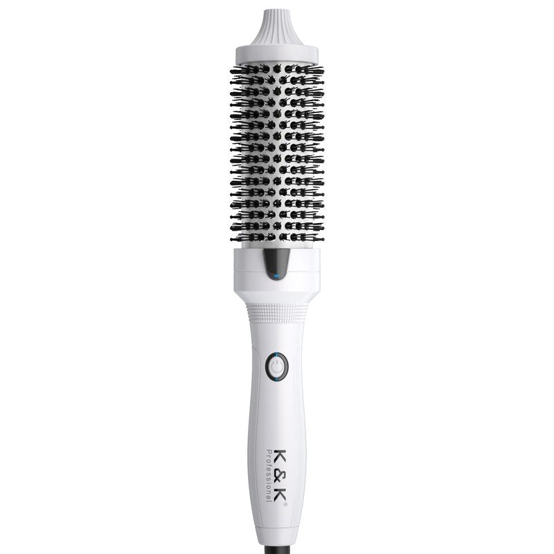 K&K Blowout Boost Thermal Brush, 1.5 inch Heated Round Brush for Blowout Look, Negative Ion Technology, Ceramic Tourmaline, Dual Voltage, White