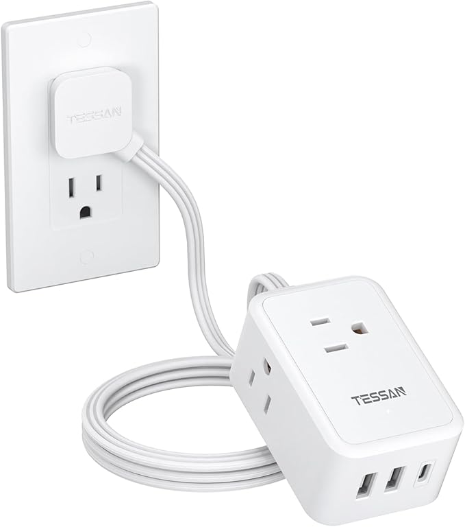 TESSAN Small Flat Plug Power Strip, Ultra Thin Extension Cord 5 ft, 3 AC Outlets with 3 USB Ports (1 USB C), Multiple Wall Outlet Extender for Cruise Travel Office School Dorm Room Essentials, White