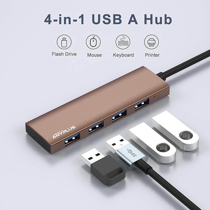 ANYPLUS USB Hub, USB 3.0 Hub Aluminum Alloy Ultra Slim USB Splitter, Portable 4 Port USB Extender, USB Hub for Laptop, PC, MacBook, iMac, Surface Pro, Mac Pro, Flash Drive, XPS【Brown】