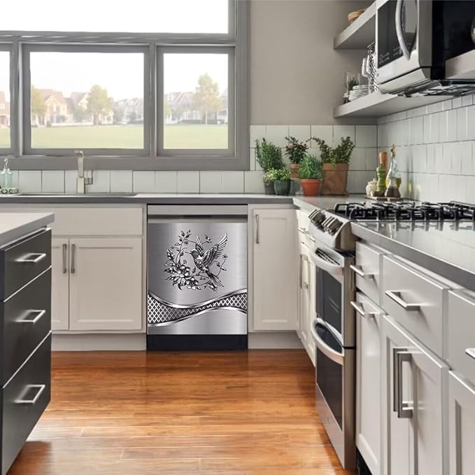 Stainless Steel Bird Pattern Dishwasher Magnet Refrigerator Cover, 23W x 17H inchs