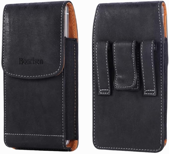 Bourisen Universal Phone Holster Phone Pouch Case Belt Clip Belt Loops Card Slot Faux Leather for Man iPhone 17/16/15pro max,16/15Plus,Samsung S25 24 S23 S22 Ultra (Black&Yellow, XL(6.6"x3.4"x0.8"))