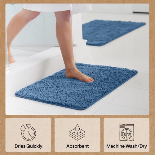 GORILLA GRIP Bath Rug Mat - Soft Absorbent Chenille | Quick-Dry Microfiber, 48x17, Blue