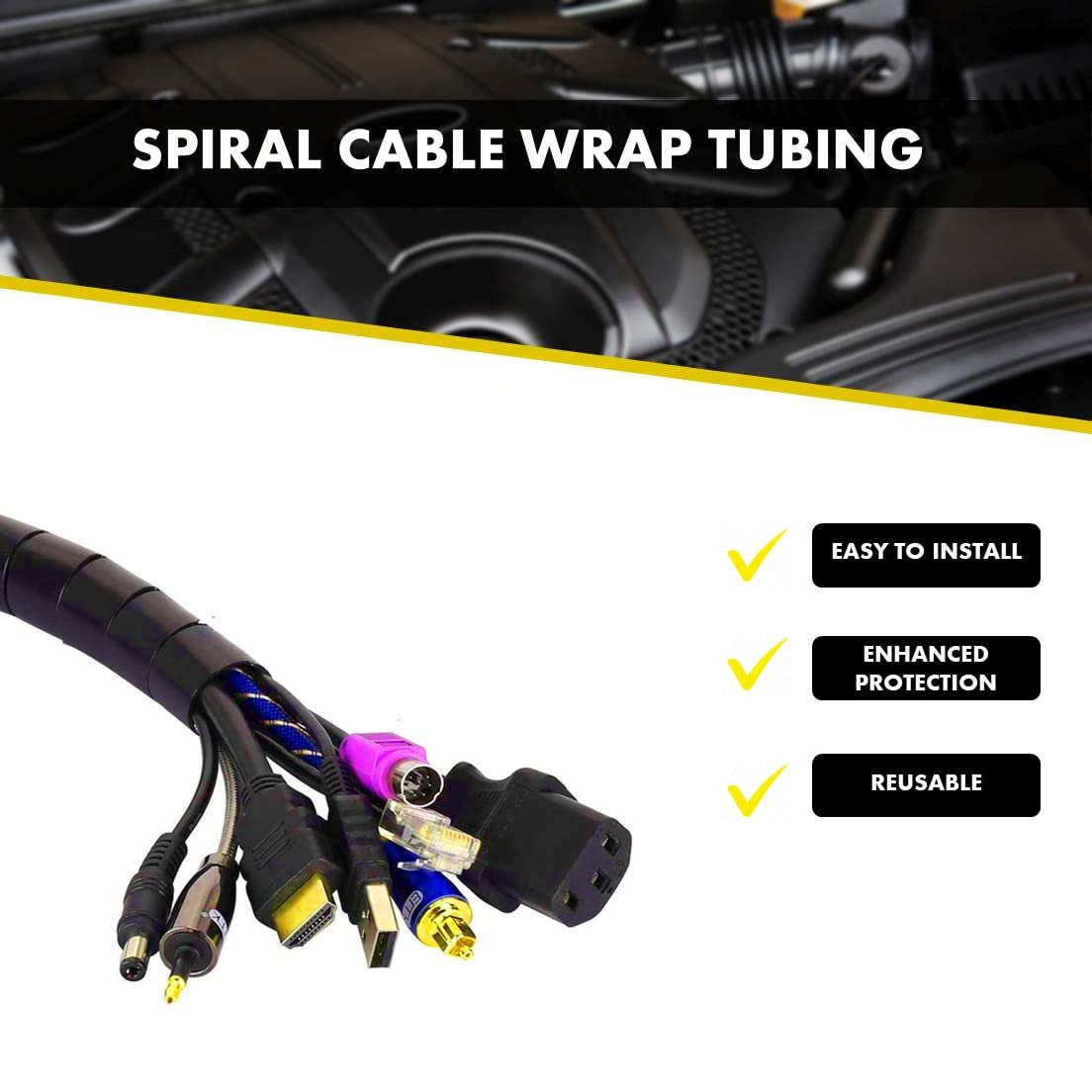 Kable Kontrol Vortex Spiral Cable Wrap - 3/8” Inch 100’ Feet Long - Hose Protector Flexible Polyethylene Wire Conduit Tubing Cable Sleeve Cord Cover to Organize Wires – Black