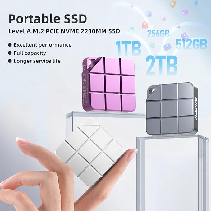 MAIWO 1TB Portable SSD External Hard Drive, Build-in M.2 2230 PCIe NVMe SSD, USB C 3.2 Up to 1050MB/s, Mini Cute PSSD for iPhone 15 16 17 Pro Max MacBook Pro Air, Aluminum (Silver)