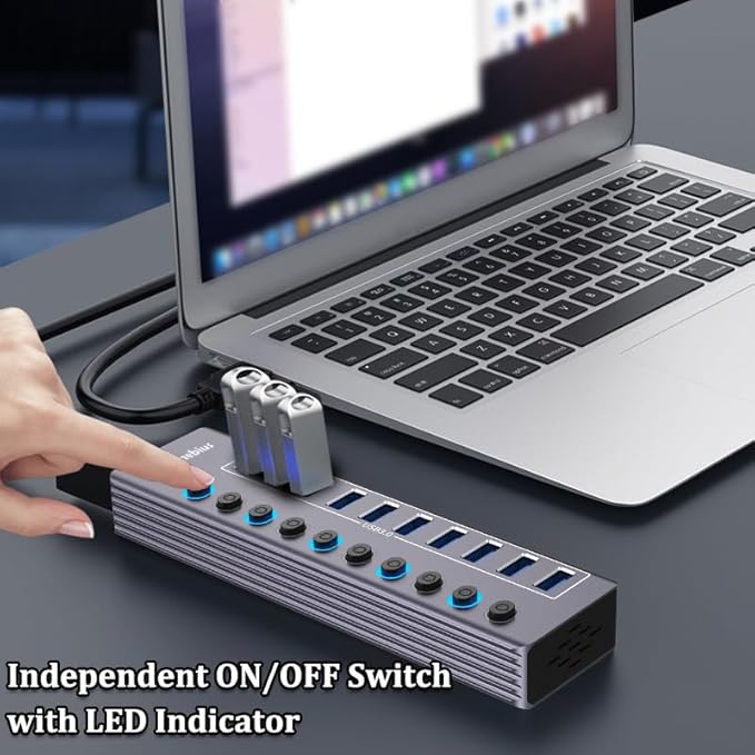 Tccmebius Powered 10-Port USB 3.0 Hub, USB C to 10 Ports USB Data Hub Splitter with Individual LED On/Off Switche, 3.3FT Cable, 12V/3A Power Adapter, for Laptop MacBook Pro/Air PC (Aluminum Gary)
