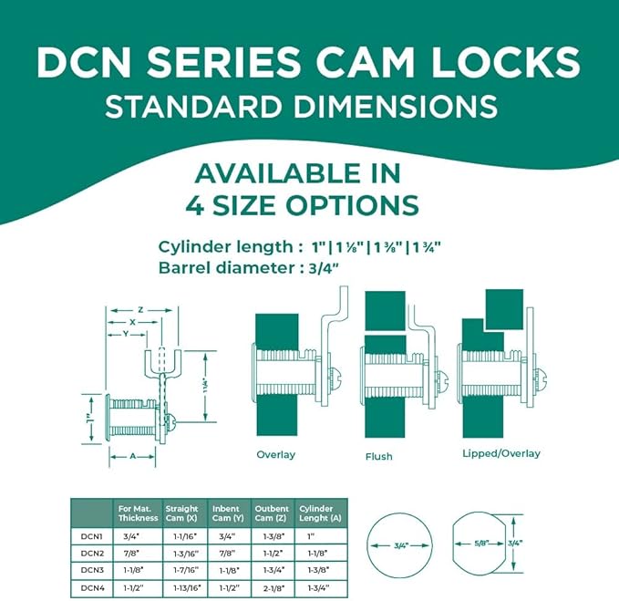 Olympus Lock DCN2 Rekeyable Cam Locks | 1-1/8" Cylinder 915 Key Lock, Keyed Alike | Grade 1 Lock | US26D Chrome Cabinet Locks | Reversible Lock for Doors & Drawers