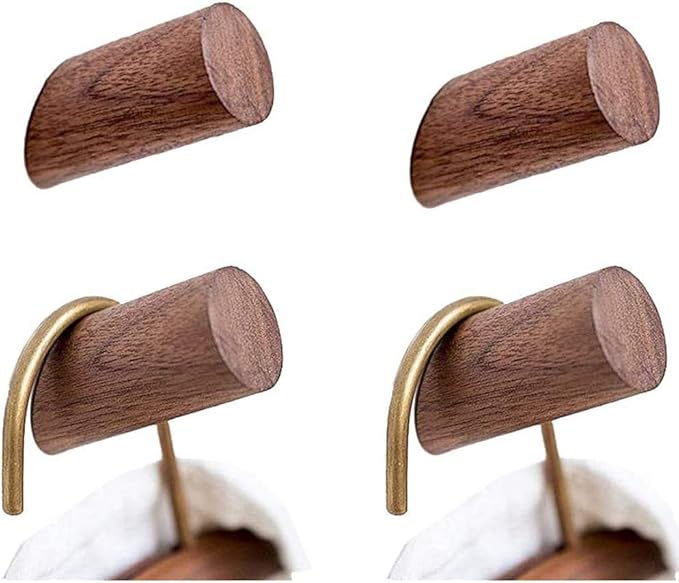 Felidio Wood Wall Hooks, 4 Pack Coat Hooks Wall Mounted, Rustic Wooden Heavy Duty Robe Hook Hat Rack, Hooks for Hanging Bathroom Towels Clothes Hanger (Walnut Wood)