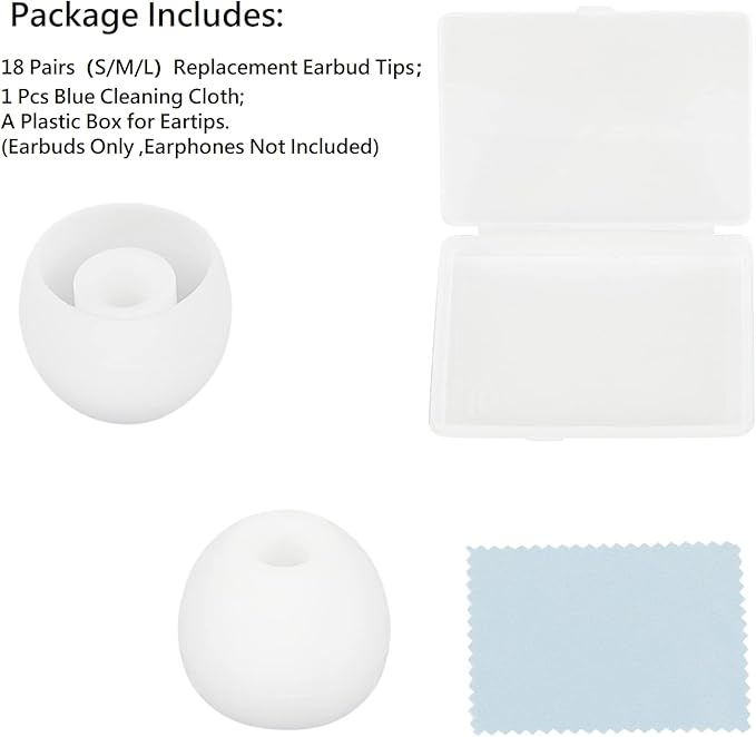 CYADCI Earbud Tips Soft and Comfortable Headphone Ear Tips Ear Bud Replacement Pieces Silicone Fit Most in-Ear Headphones，Inner Hole 3.8mm -5.5mm，18 Pairs White S/M/L Replacement Earbud Tips