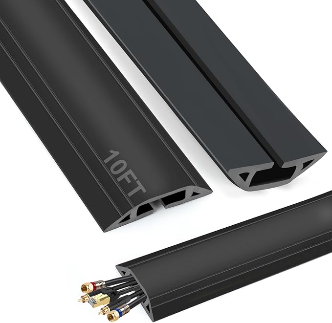 TFMUZERT 10 ft Cord Covers for Wires on Floor, Heavy Duty PVC Duct Floor Cord Cover, Floor Cable Cover Easy to Unroll Prevent Trip Hazard for Home Office or Outdoor Settings (Black)