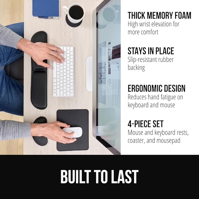 GORILLA GRIP Silky Memory Foam Keyboard Wrist Rest and Mouse Pad for Computer, Ergonomic Typing Support, Desk Office Supplies and Gaming Accessories, Hand & Arm Mousepad Cushions and Coaster Set Black