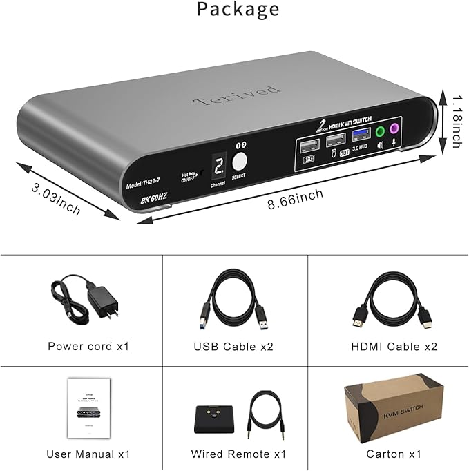 Terived 2 Computers 1 HDMI Monitor Automatic KVM Switch 8K@60Hz, Hotkey Switching, EDID, Support 5.1/7.1 Audio and Microphone, Aluminum Shell with Digital Display, USB 3.0 Hub, HDR10 with Cables