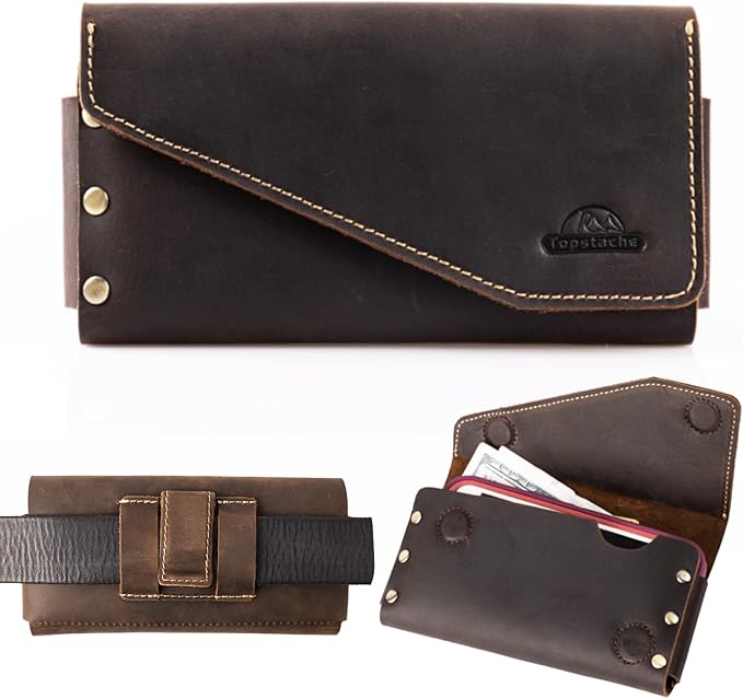 Topstache Leather Cell Phone Belt Holder for Galaxy S25/S24, iPhone 17/17 Pro - Belt Clip Leather Phone Holster - Fit with Protective Case - ID/Credit Card Holder Clip Pouch, L,Darkbrown