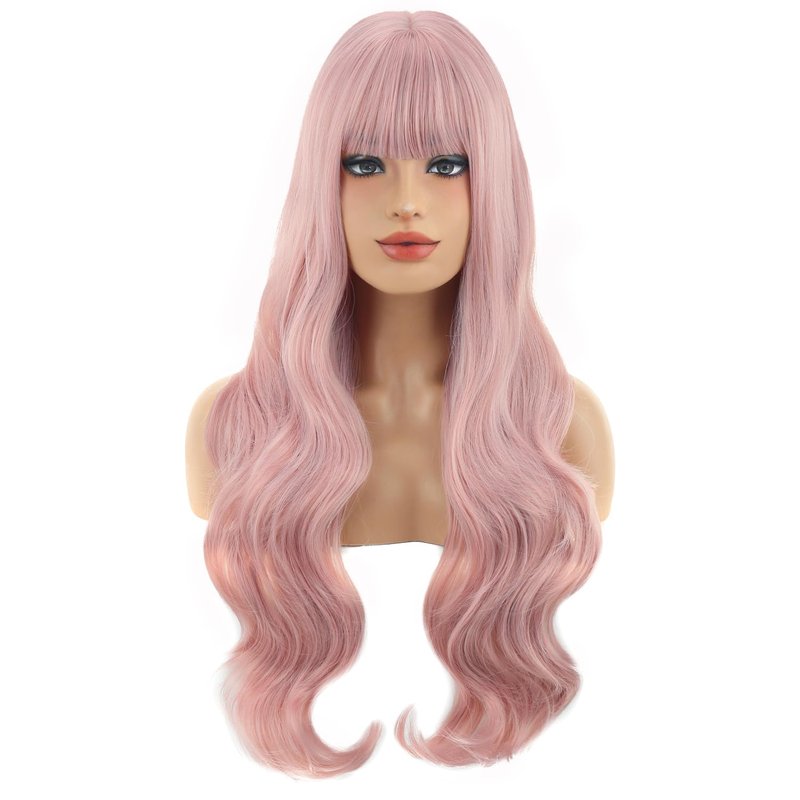 Pink Long Wavy Wig with Bangs - Synthetic Hair for Daily Wear | Perfect for Parties