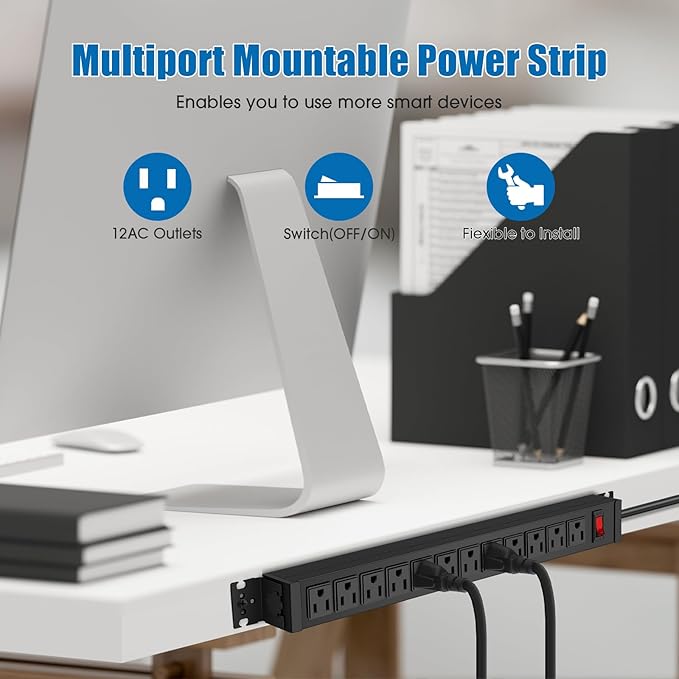 HHSOET Rotating Mountable Power Strip, 12 Outlet Wall Mount Surge Protector, 1200J, Metal Heavy Duty and Versatile Outlet Strip, Stylish Appearance, Sturdy and Durable, 10ft Power Cord.(Black)