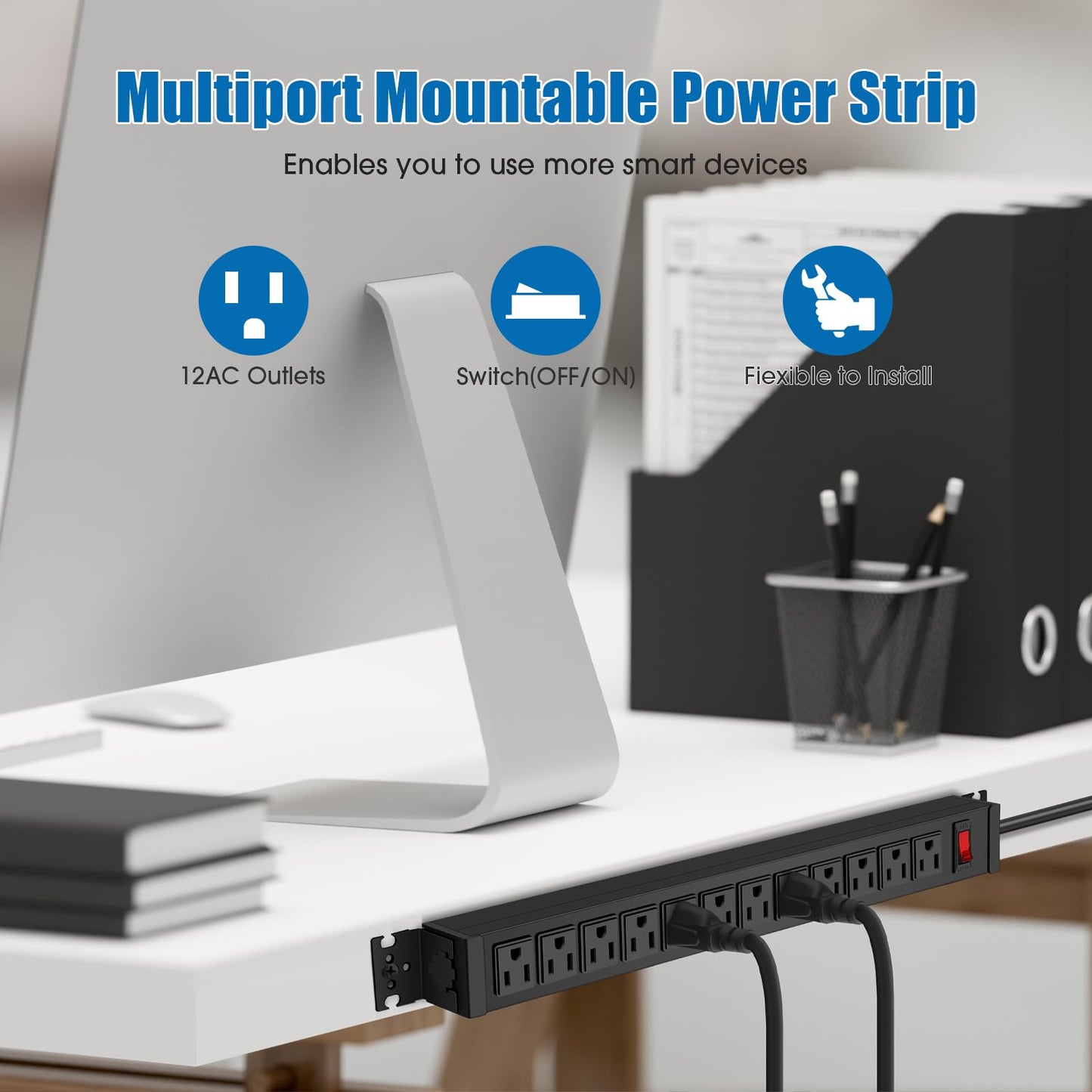HHSOET Rotating Mountable Power Strip, 12 Outlet Wall Mount Surge Protector,1200J, Metal Heavy Duty and Versatile Outlet Strip, Stylish Appearance, Sturdy and Durable, 6ft Power Cord.(Black)