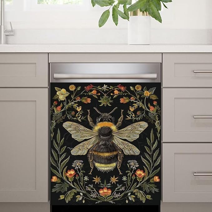 Flower and Bee Painting Dishwasher Magnetic Cover Sticker Refrigerator Fridge Magnet Panel Decal Magnets Home Kitchen Fridge Front Door Cover 23W x 26H inchs