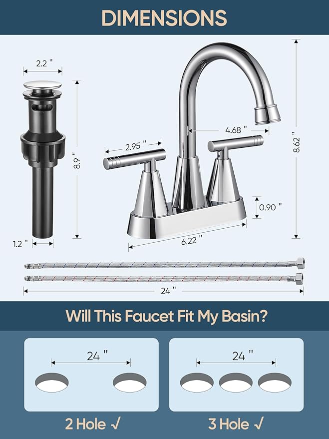Cobbe Bathroom Faucets for Sink 3 Hole, 4 Inch with Pop Up Drain and 2 Supply Hoses, 2 Handle Centerset Bathroom Faucet for Sink Vanity, Chrome, 2 Pack