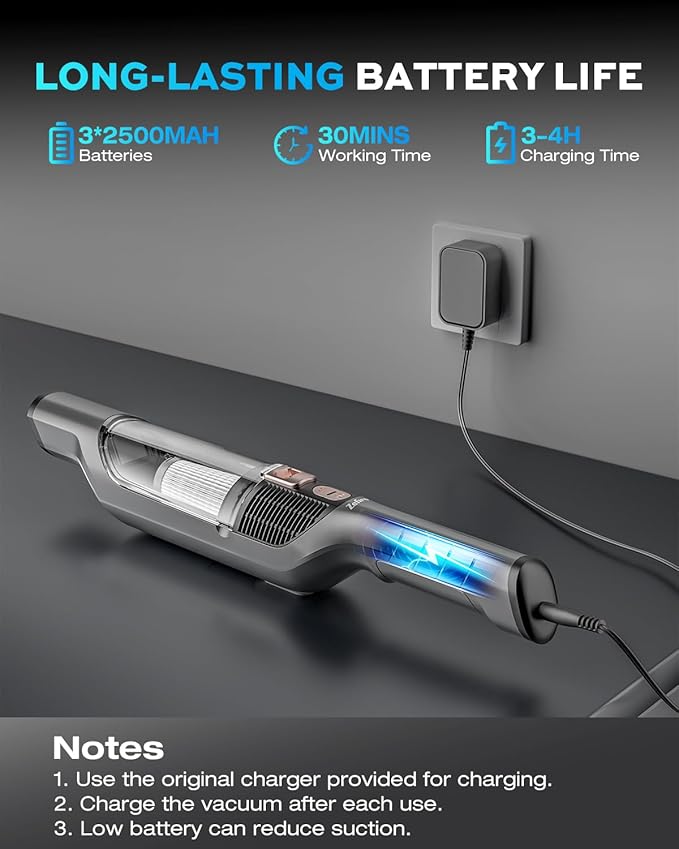 Zefiro Compact & Powerful Cordless Handheld Vacuum, Rechargeable Portable Car Vacuum for Car & Pet Hair, with XL Dust Cup, High-Suction, 2 Brushes & Filters, Long Runtime, Ideal Gift