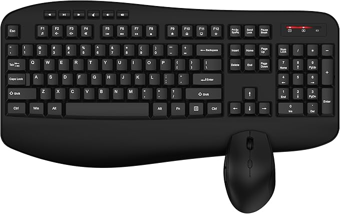 EDJO Wireless Keyboard and Mouse Combo, Full-Sized Ergonomic Computer Keyboard with Wrist Rest, 3-Level Adjustable DPI Wireless Optical Mouse, 2.4GHz Plug & Play for Windows Mac OS PC Laptop