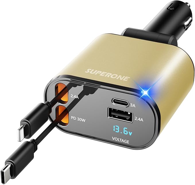 【Upgraded】 SUPERONE Retractable Car Charger 4 in 1, Fast Car Phone Charger with Cord 2.6ft, USB C and Apple Car Charger Adapter, Compatible with iPhone 17/16/15/15 Pro Max/14/13/12/11, Galaxy, Pixel