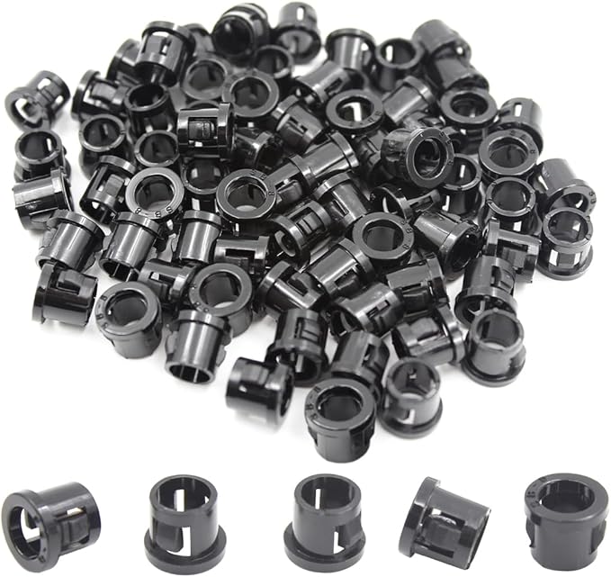 EASYEAH 5/16"(8mm) Black Snap-in Knockout Insulating Bushing Grommets, Plastic Cable Hole Grommets for Wiring, Round Nylon Snap in Locking Electrical Wire Cord Hose & Tubing Bushings Grommets, 70pcs