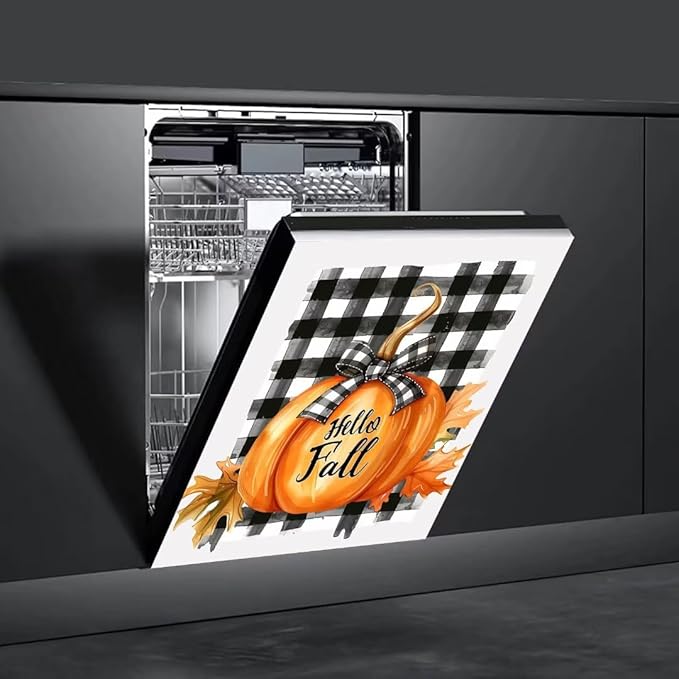 Generic Pumpkin Dishwasher Face Cover, Decorative Autumn Thanksgiving Harvest Buffalo Plaid Stickers, Simple Magnetic Dishwasher Sticker, Fridge Door Cover, 23Wx26H