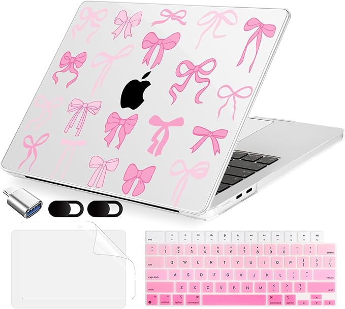 MecBevia Compatible with 2026 M5 MacBook Air 13 inch Case 2026 2025 2024-2022 M5 A3449 M4 A3240 M3 A3113 M2 A2681, Keyboard Cover, Screen Protector, Webcam Cover & Type-C OTG, Pink Bows