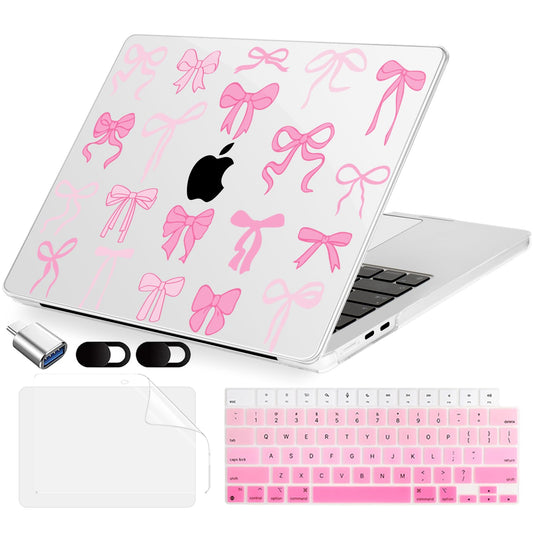 MecBevia Compatible with 2026 M5 MacBook Air 13 inch Case 2026 2025 2024-2022 M5 A3449 M4 A3240 M3 A3113 M2 A2681, Keyboard Cover, Screen Protector, Webcam Cover & Type-C OTG, Pink Bows