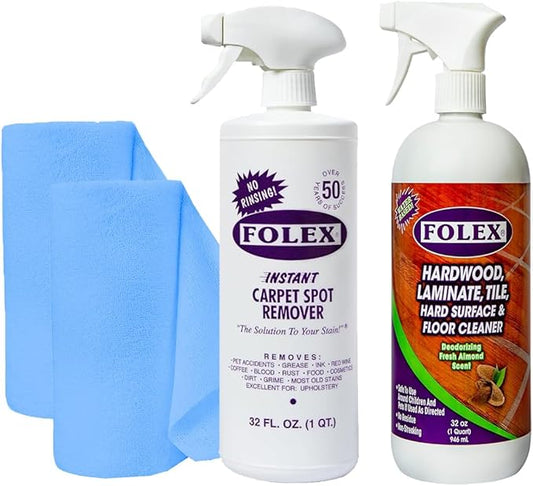 FOLEX Carpet Spot Remover & Hardwood/Floor Cleaner Bundle â Removes Pet Stains, Grease, Red Wine, Food & More â Bundle of Two 32 oz Bottles + 2 Reusable Cleaning Cloths